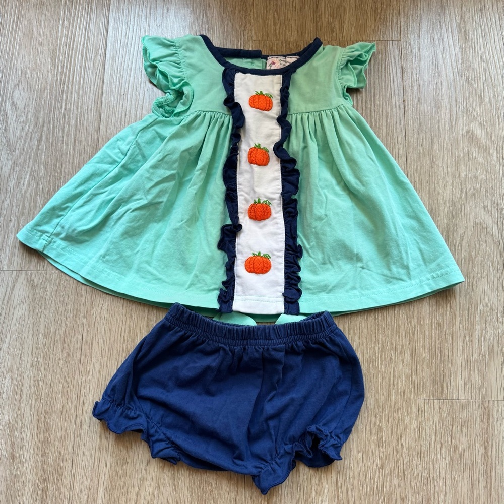 Little Birdie Co. Smocked Mint and Navy Dress Set